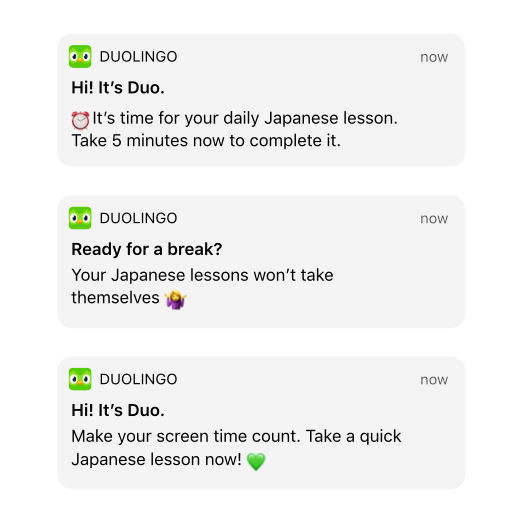 A screenshot of the reminders Duolingo sends as push notifications